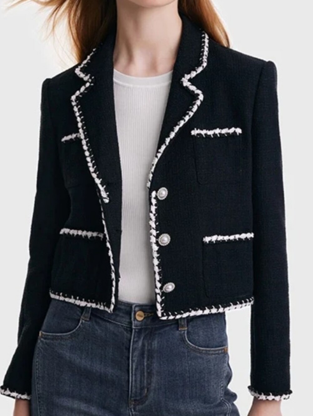 Goelia Tweed Contrast Trim Crop Blazer Jacket Small 4 Twee Old Money Preppy Chic